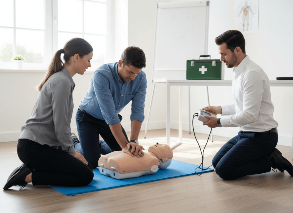 Workplace first aid training with CPR practice on a manikin