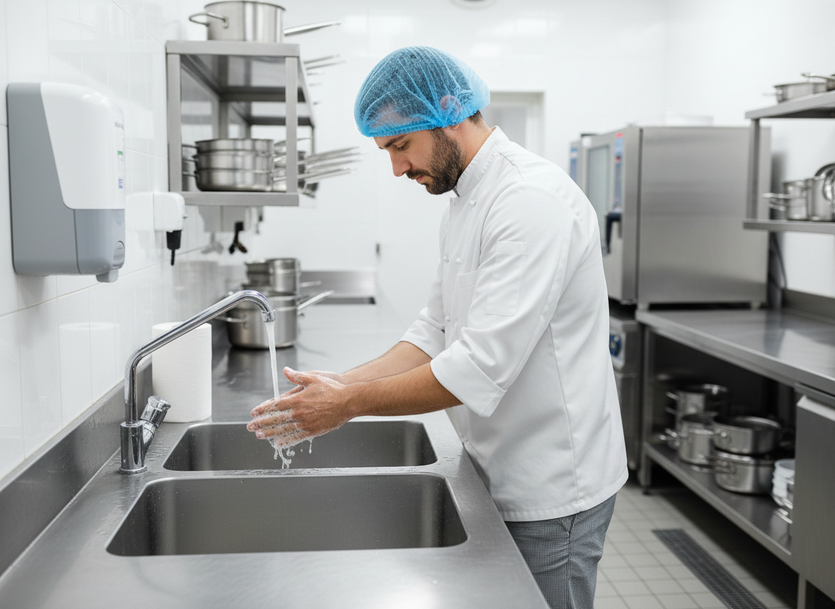 Kitchen worker practicing food hygiene