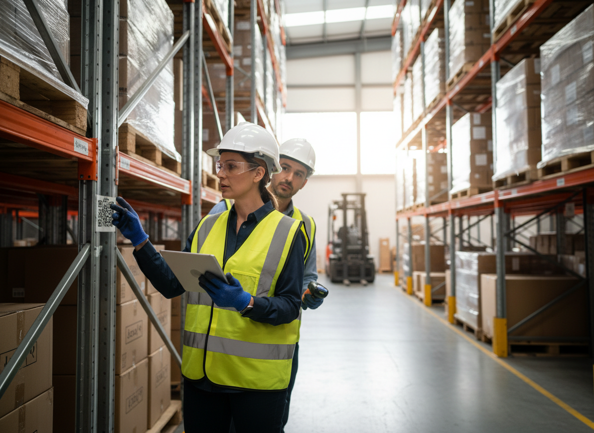 Warehouse worker using a tablet as part of hybrid training