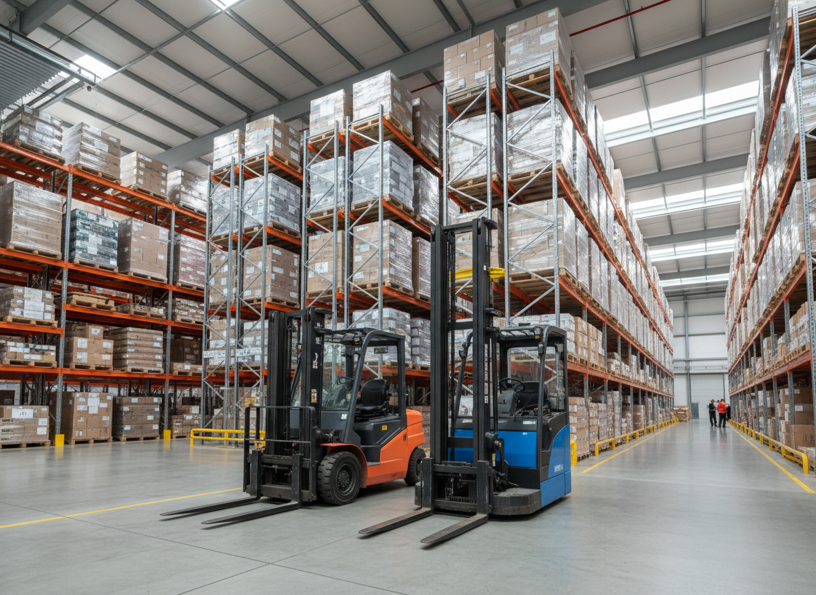 Forklift and reach truck in a warehouse
