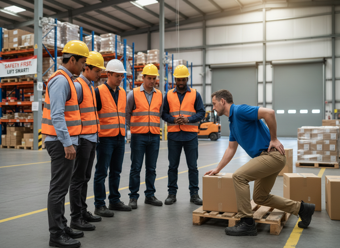 Professional safety trainer instructing workers on proper techniques
