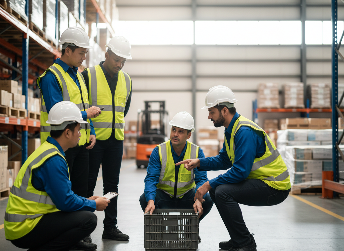 Safety trainer demonstrating manual handling technique to workers on site