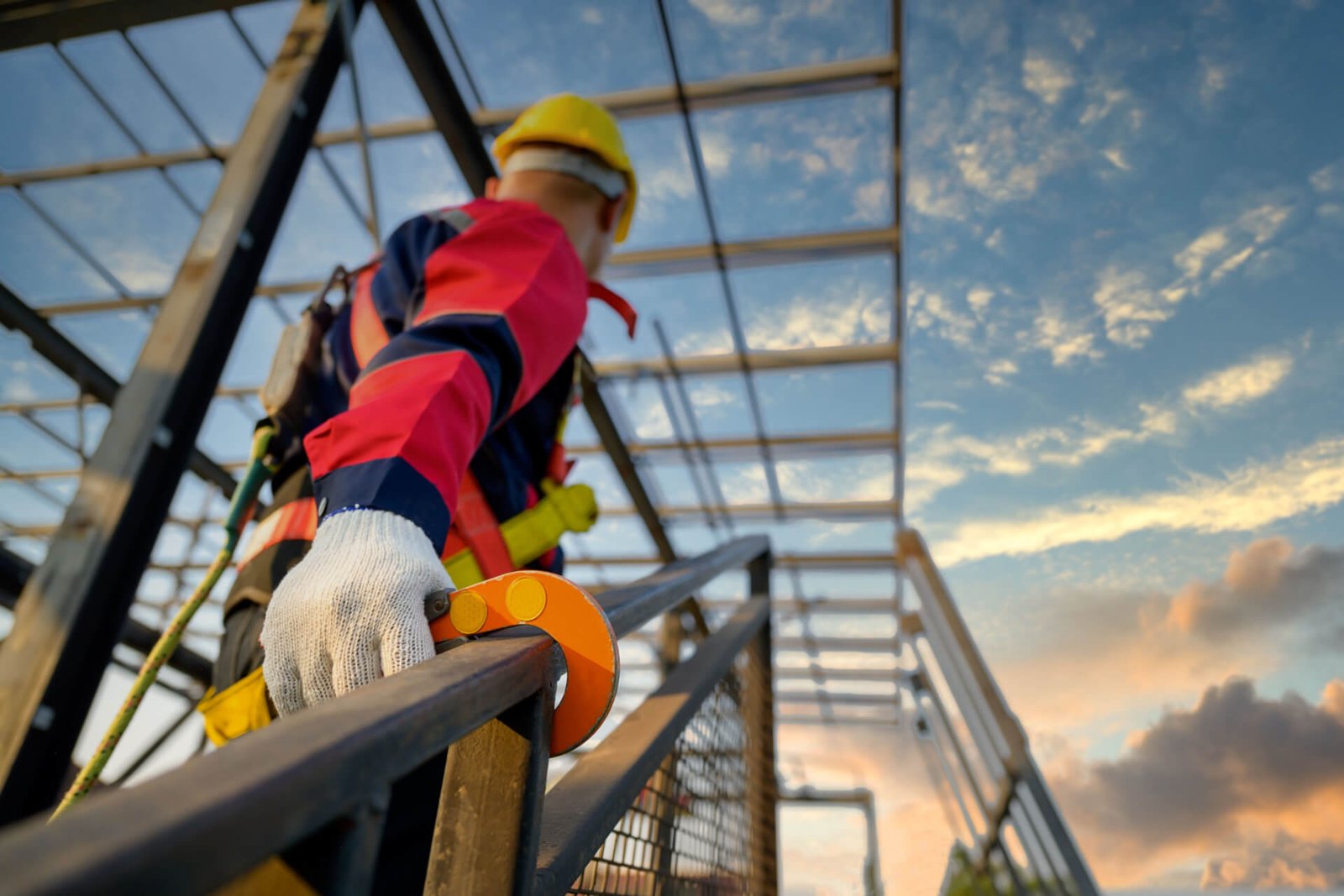 Worker clipped on while working at height